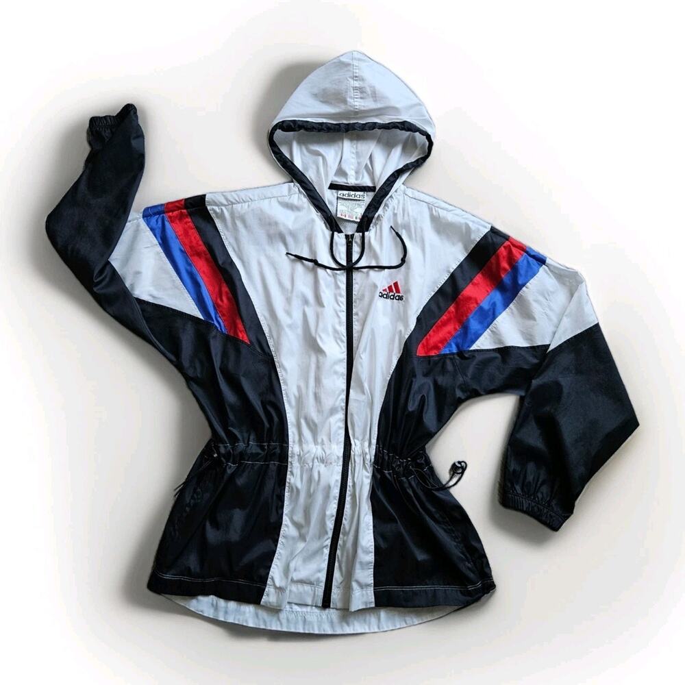 Vintage Adidas‎ Windbreaker Jacket Hooded 90s Colorblock White Black Red Size L - Picture 2 of 16